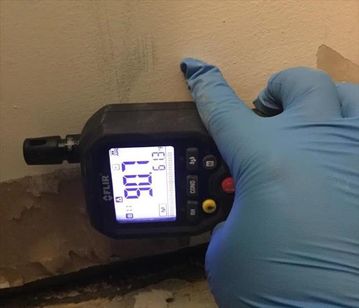 Moisture meter reading wet along basetrim level of drywall