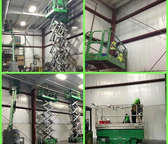 Four photos of a commercial clean project using lifts and high reach equipment