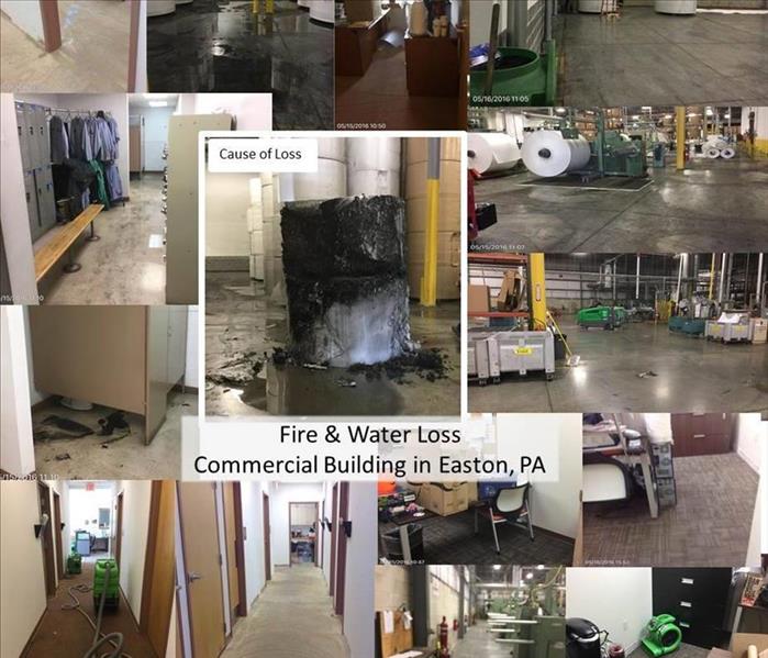 Photo collage of fire damage in a commercial warehouse