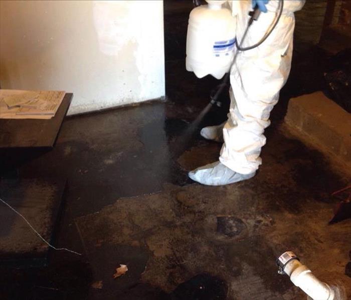 Employee spraying treatment on water damaged floor