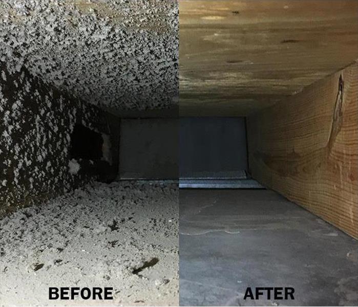 Side by side 'Before and After' photos of a duct clean