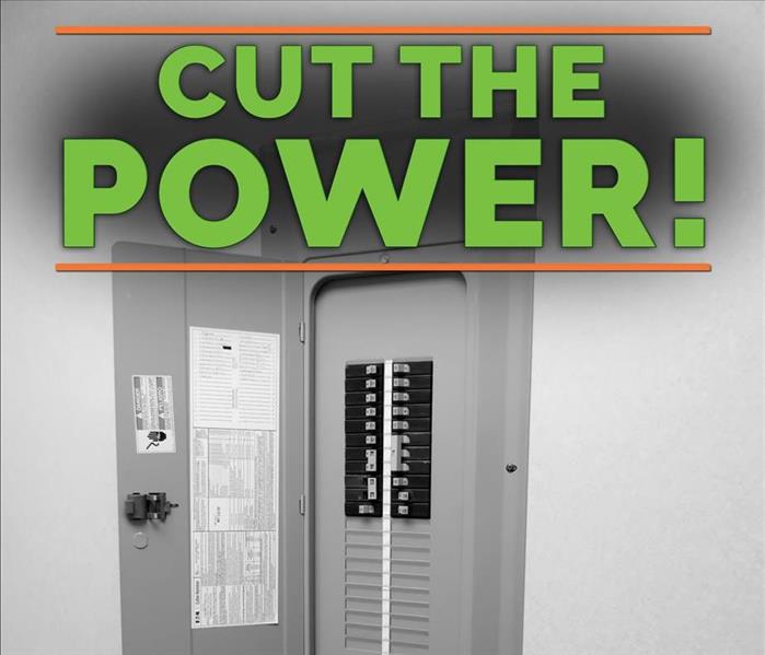 Breaker box with the word CUT THE POWER!