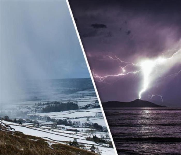 Side-by-side images of storms above large bodies of water